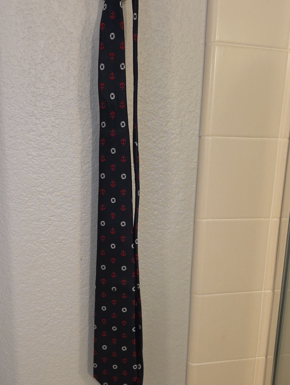 Chase Bank Lands' End Navy Silk Tie with Red Anchor and White Lifesaver Motif